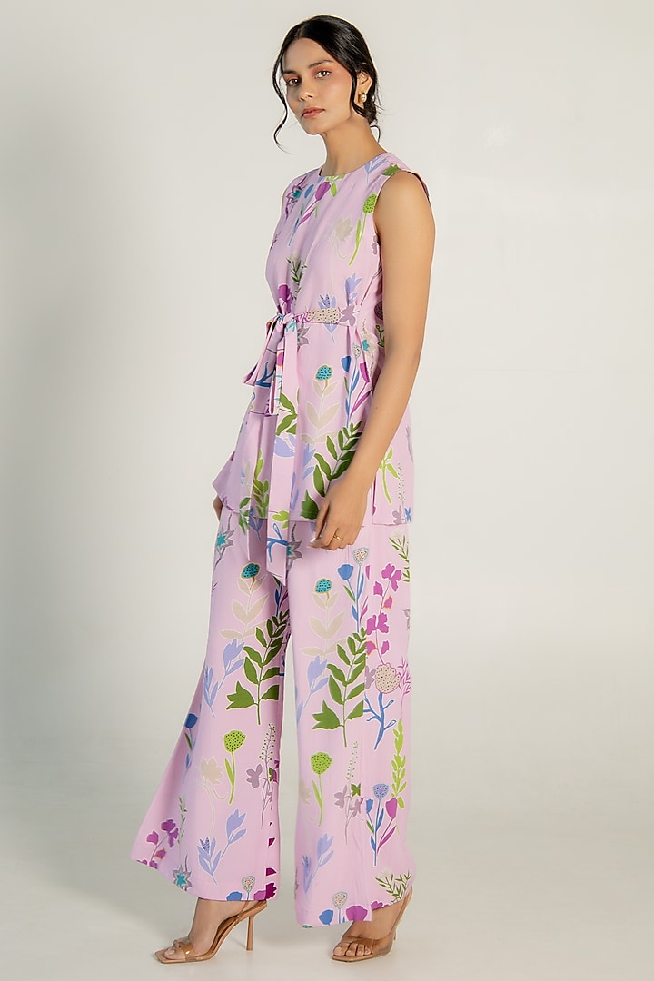 Light Orchid Modal Satin Floral Printed Co-Ord Set by AROOP SHOP INDIA at Pernia's Pop Up Shop