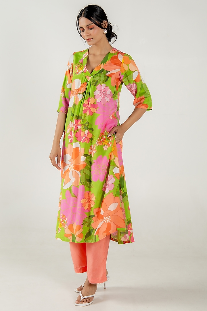 Multi-Colored Cotton Silk Floral Printed Straight Kurta Set by AROOP SHOP INDIA at Pernia's Pop Up Shop