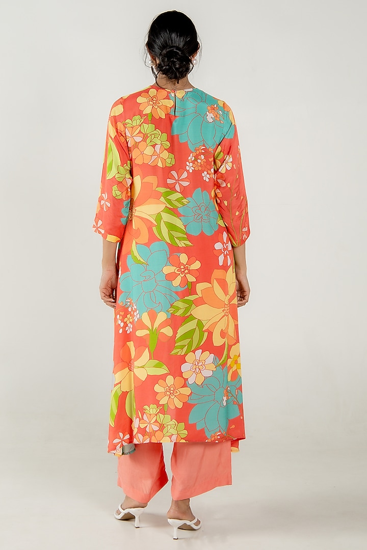 Vermillion Red Cotton Silk Floral Printed Flared Kurta Set by AROOP SHOP INDIA at Pernia's Pop Up Shop