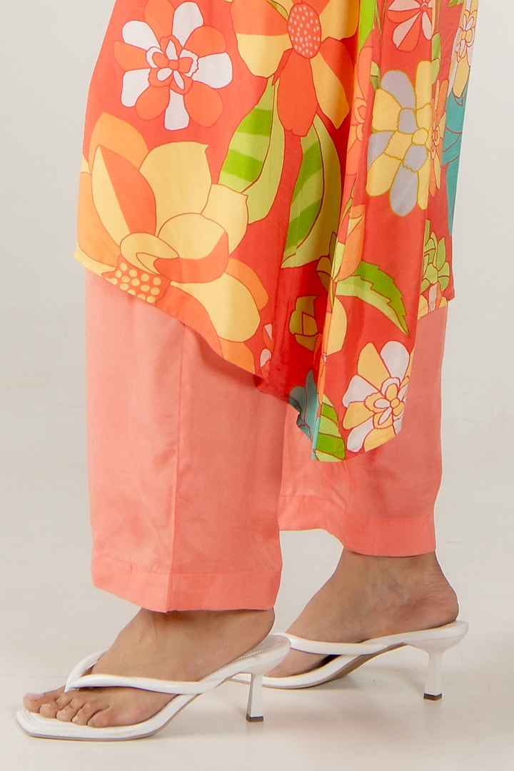 Vermillion Red Cotton Silk Floral Printed Flared Kurta Set by AROOP SHOP INDIA at Pernia's Pop Up Shop