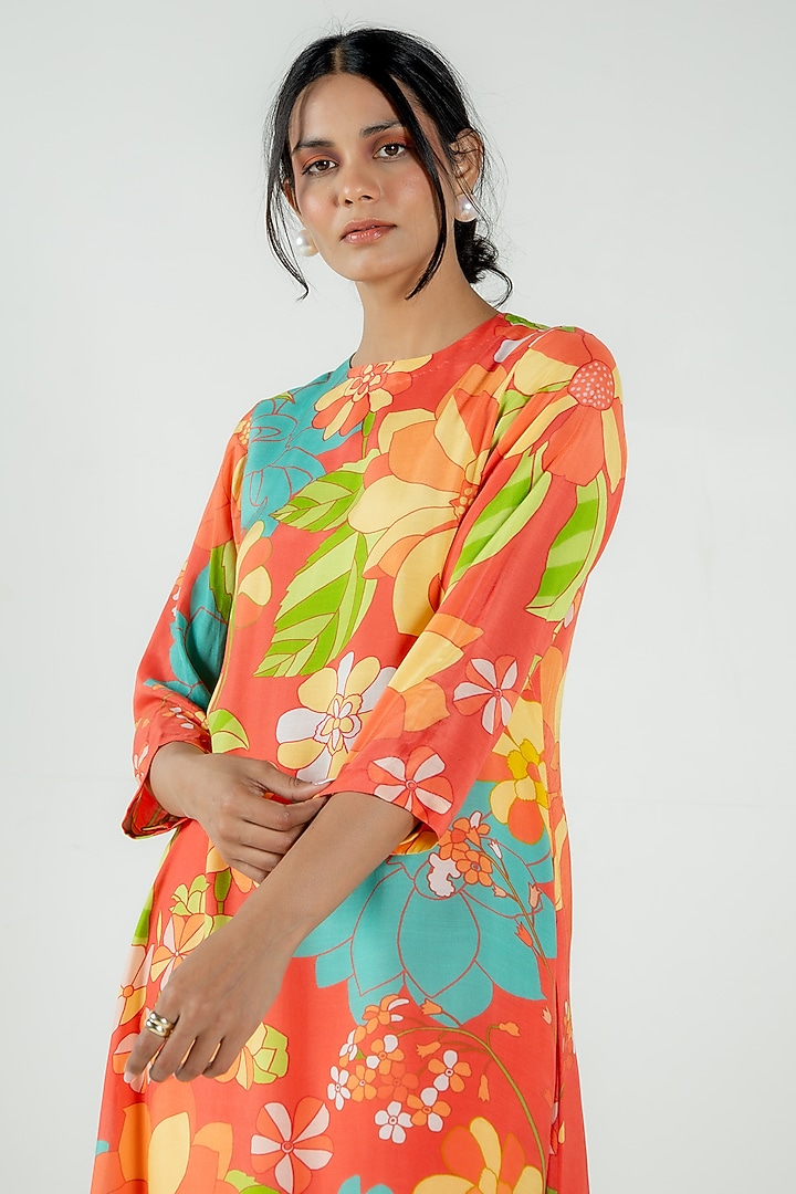 Vermillion Red Cotton Silk Floral Printed Flared Kurta Set by AROOP SHOP INDIA at Pernia's Pop Up Shop