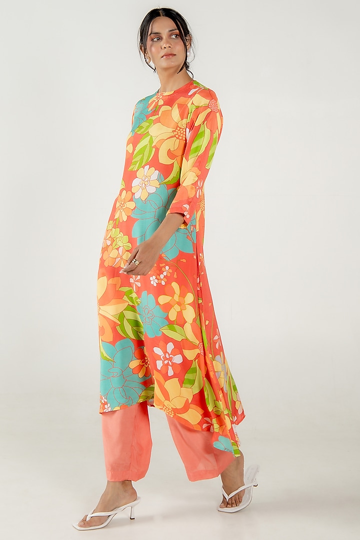 Vermillion Red Cotton Silk Floral Printed Flared Kurta Set by AROOP SHOP INDIA at Pernia's Pop Up Shop