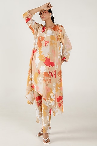 Beige Cotton Silk Floral Printed Kurta Set by AROOP SHOP INDIA