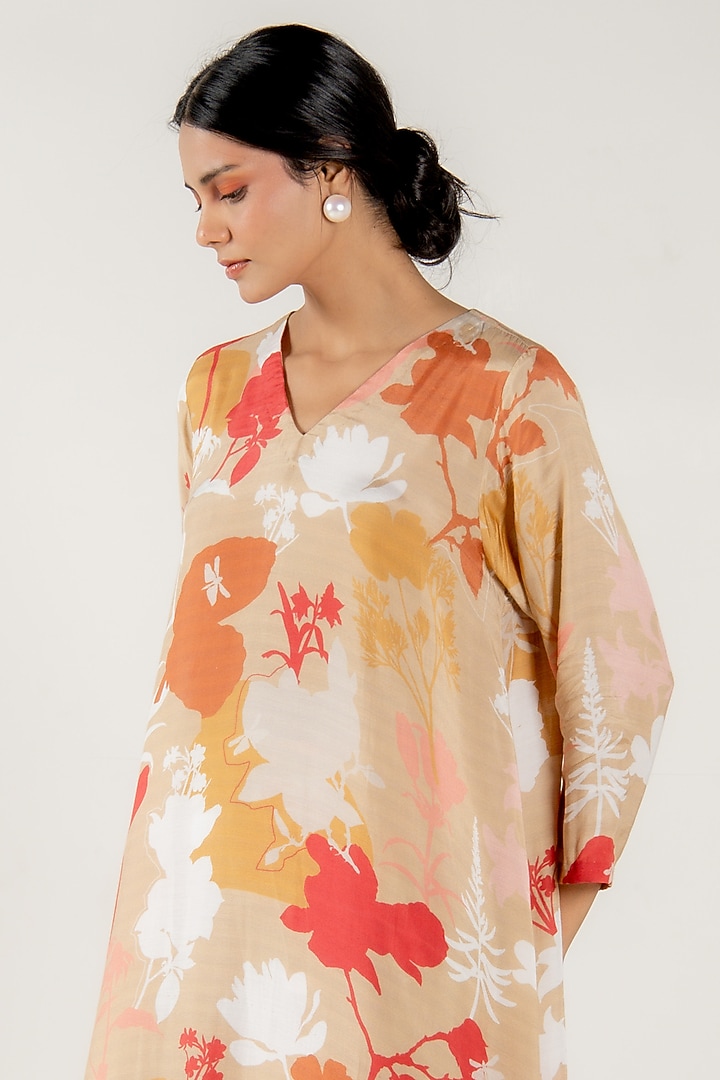 Beige Cotton Silk Floral Printed Kurta Set by AROOP SHOP INDIA at Pernia's Pop Up Shop