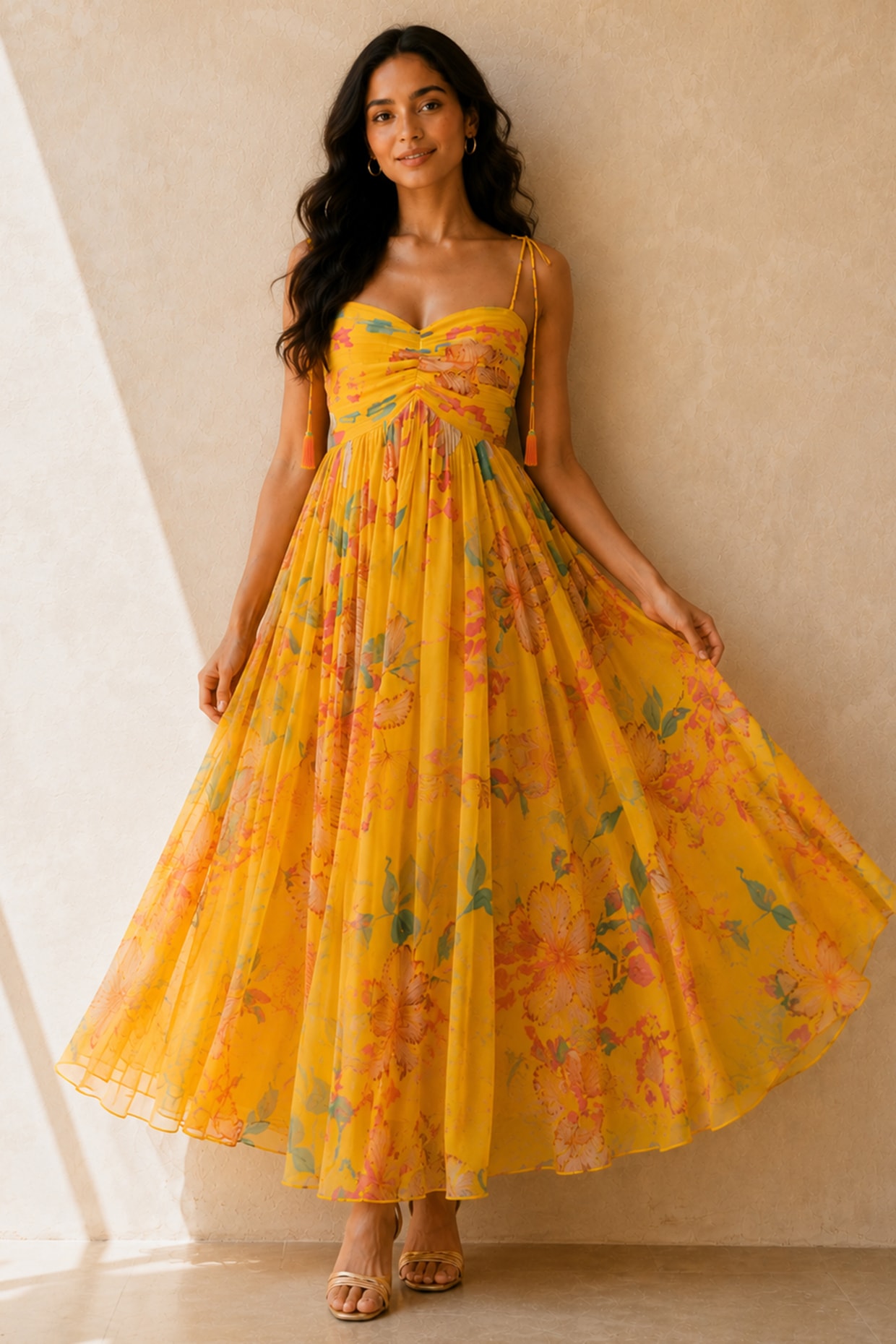 AROOP SHOP INDIA Yellow Recycled Chiffon Floral Printed Maxi Dress