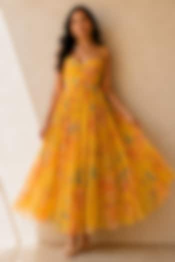 Yellow Recycled Chiffon Floral Printed Maxi Summer Dress by AROOP SHOP INDIA at Pernia's Pop Up Shop
