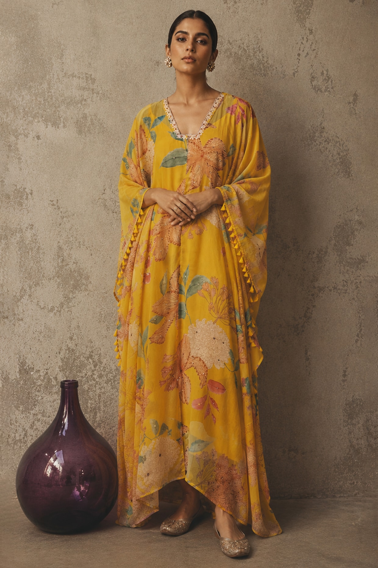 AROOP SHOP INDIA Yellow Recycled Chiffon Floral Printed Kaftan