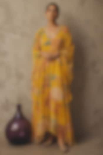 Yellow Recycled Chiffon Floral Printed Kaftan by AROOP SHOP INDIA at Pernia's Pop Up Shop