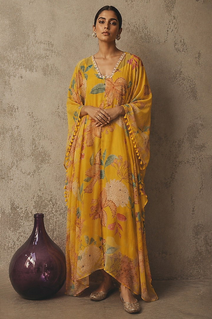 Yellow Recycled Chiffon Floral Printed Kaftan by AROOP SHOP INDIA at Pernia's Pop Up Shop