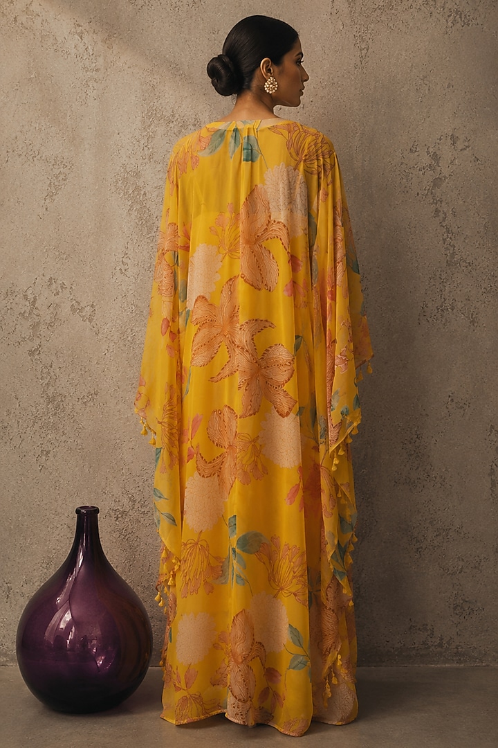 Yellow Recycled Chiffon Floral Printed Kaftan by AROOP SHOP INDIA at Pernia's Pop Up Shop