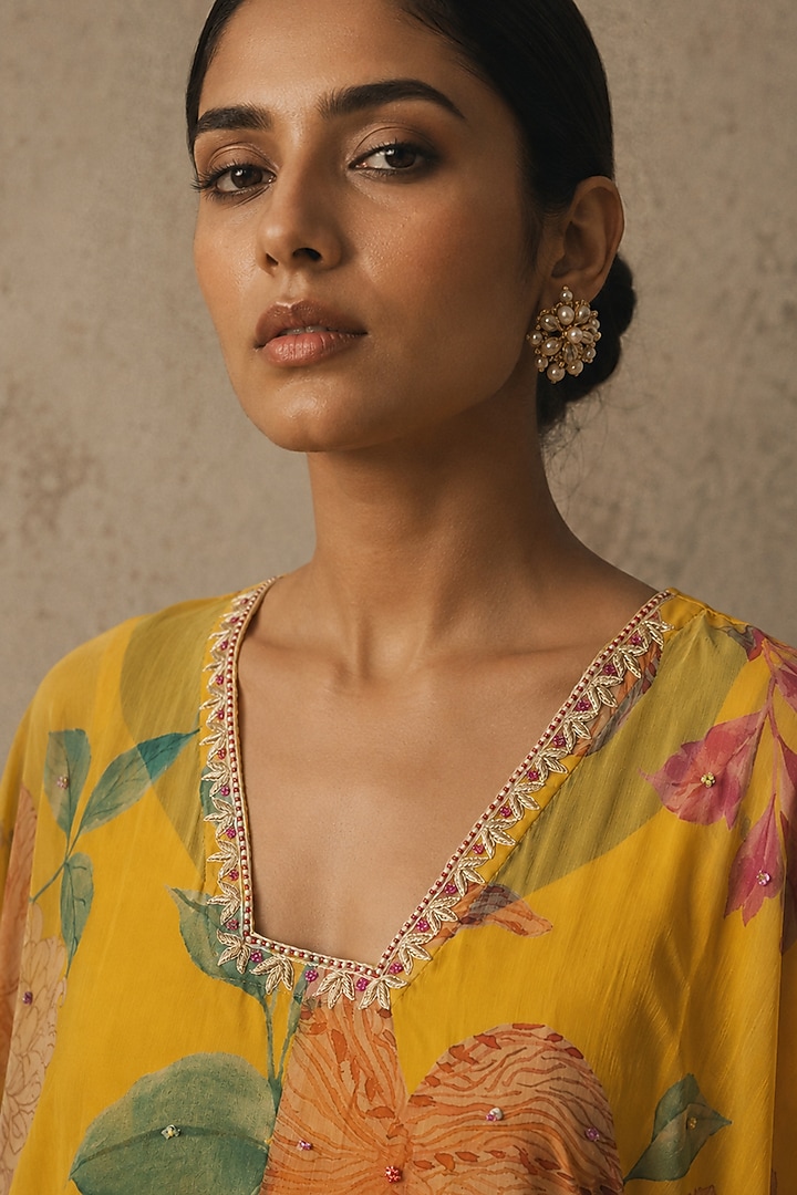 Yellow Recycled Chiffon Floral Printed Kaftan by AROOP SHOP INDIA at Pernia's Pop Up Shop
