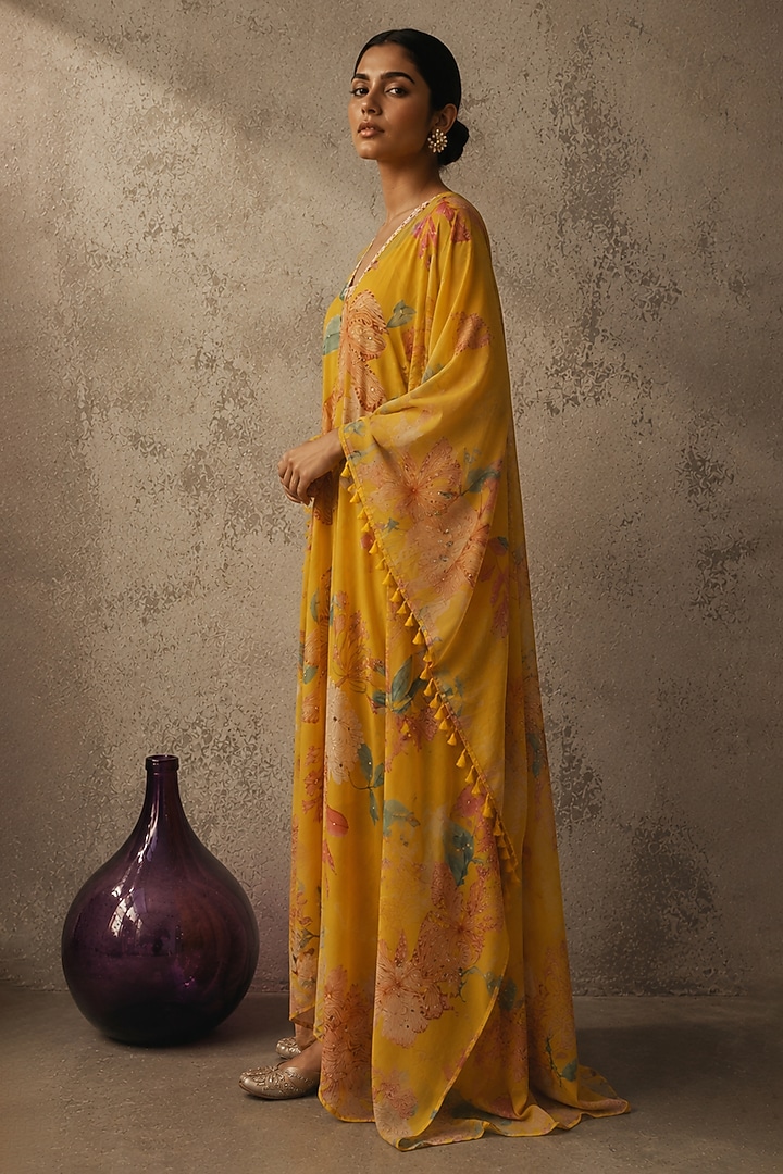 Yellow Recycled Chiffon Floral Printed Kaftan by AROOP SHOP INDIA at Pernia's Pop Up Shop
