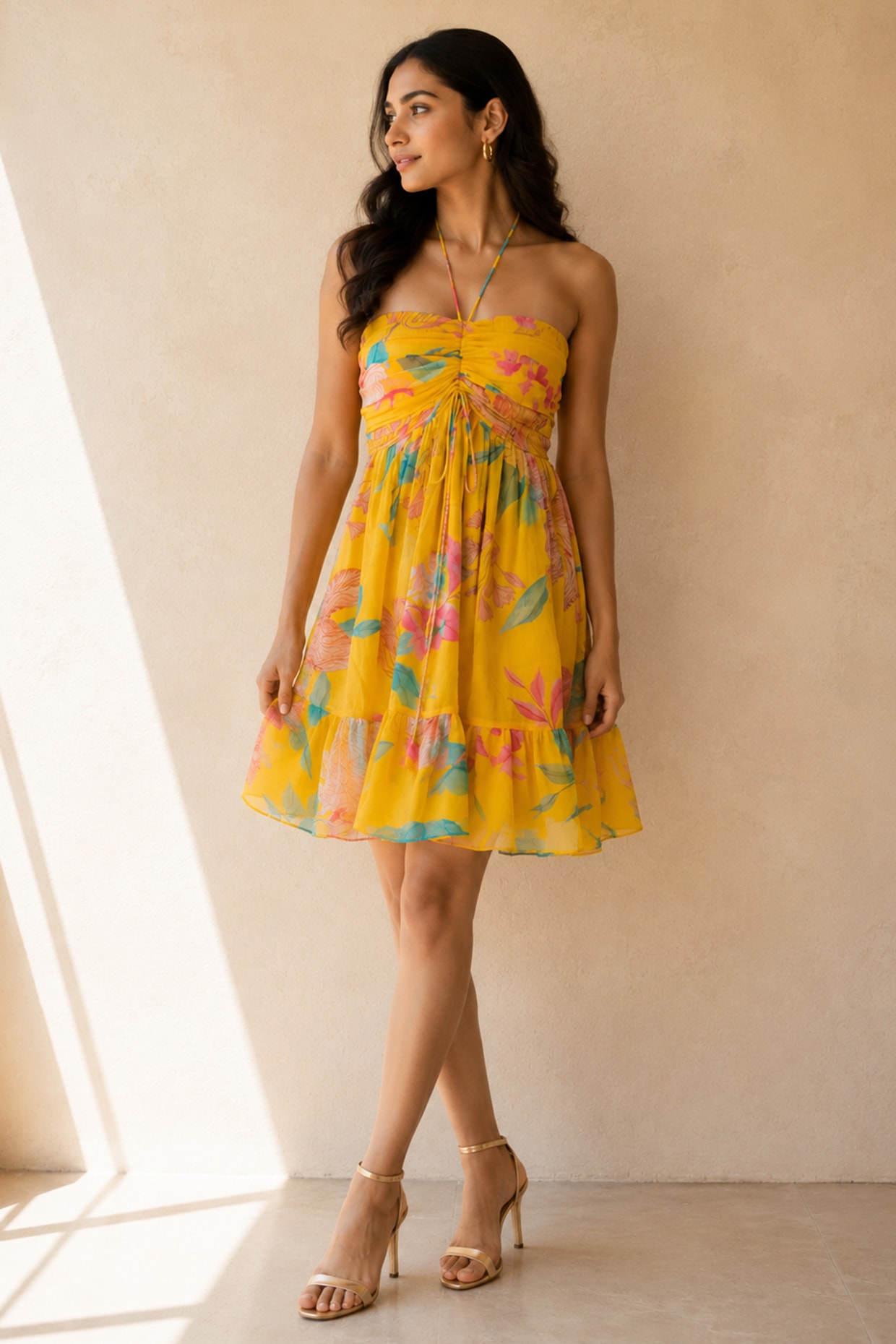 AROOP SHOP INDIA Yellow Recycled Chiffon Floral Mini Dress