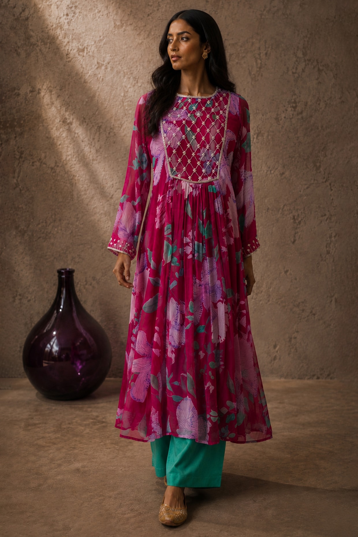 AROOP SHOP INDIA Pink Recycled Chiffon Floral Embroidered Kurta Set