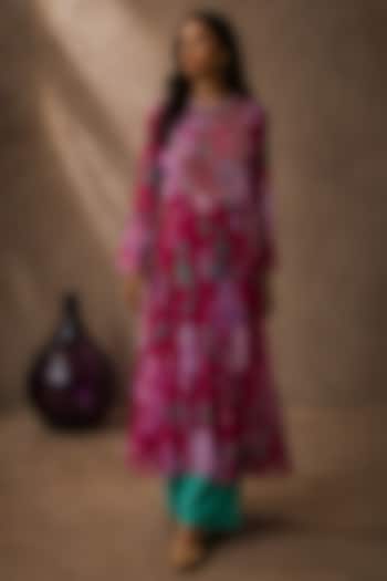 Pink Recycled Chiffon Floral Embroidered Kurta Set by AROOP SHOP INDIA at Pernia's Pop Up Shop