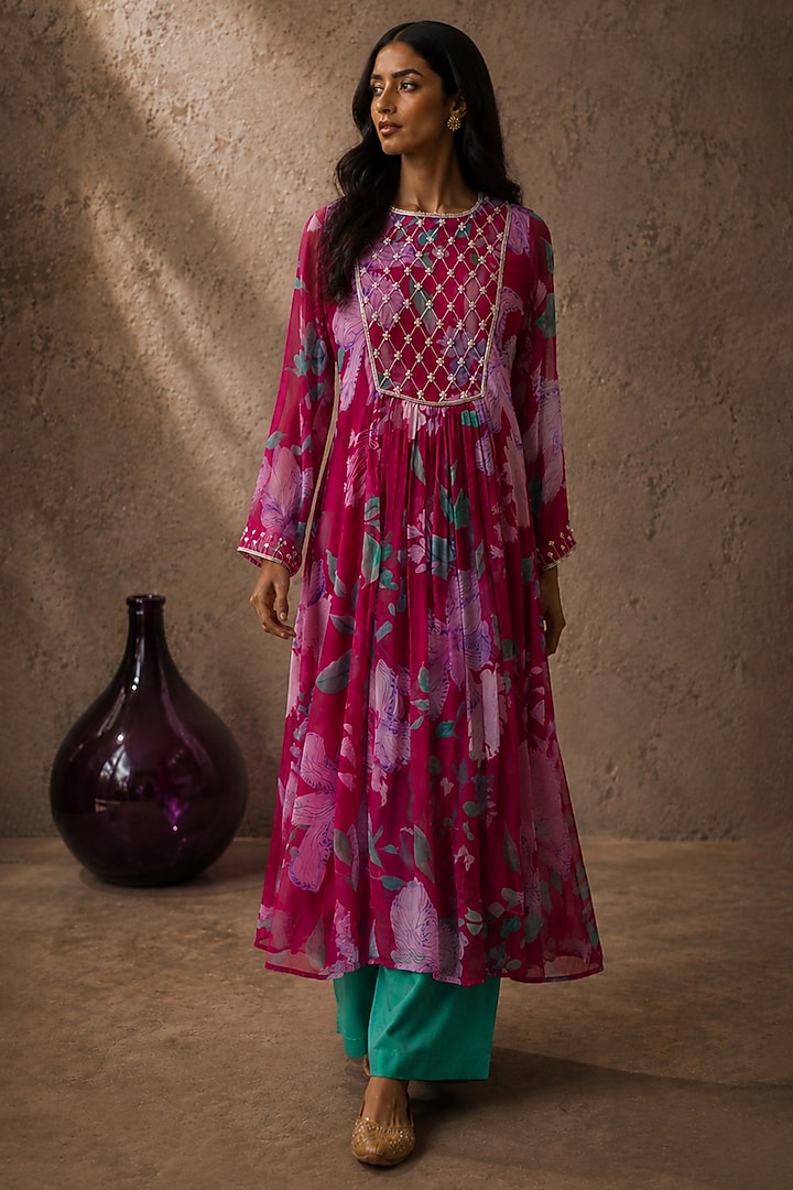Pink Recycled Chiffon Floral Embroidered Kurta Set by AROOP SHOP INDIA at Pernia's Pop Up Shop