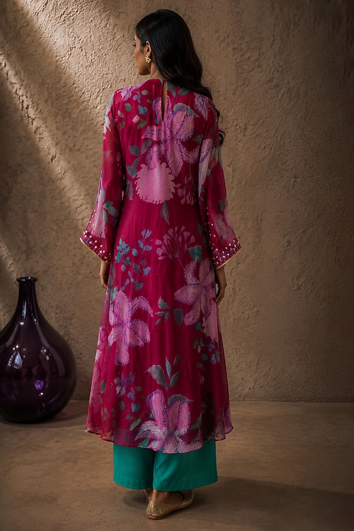 Pink Recycled Chiffon Floral Embroidered Kurta Set by AROOP SHOP INDIA at Pernia's Pop Up Shop