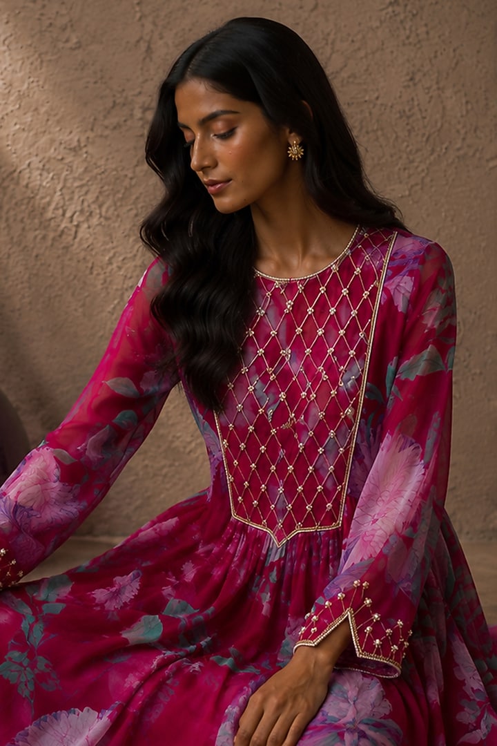 Pink Recycled Chiffon Floral Embroidered Kurta Set by AROOP SHOP INDIA at Pernia's Pop Up Shop