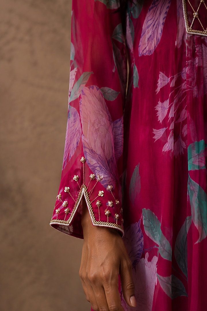 Pink Recycled Chiffon Floral Embroidered Kurta Set by AROOP SHOP INDIA at Pernia's Pop Up Shop