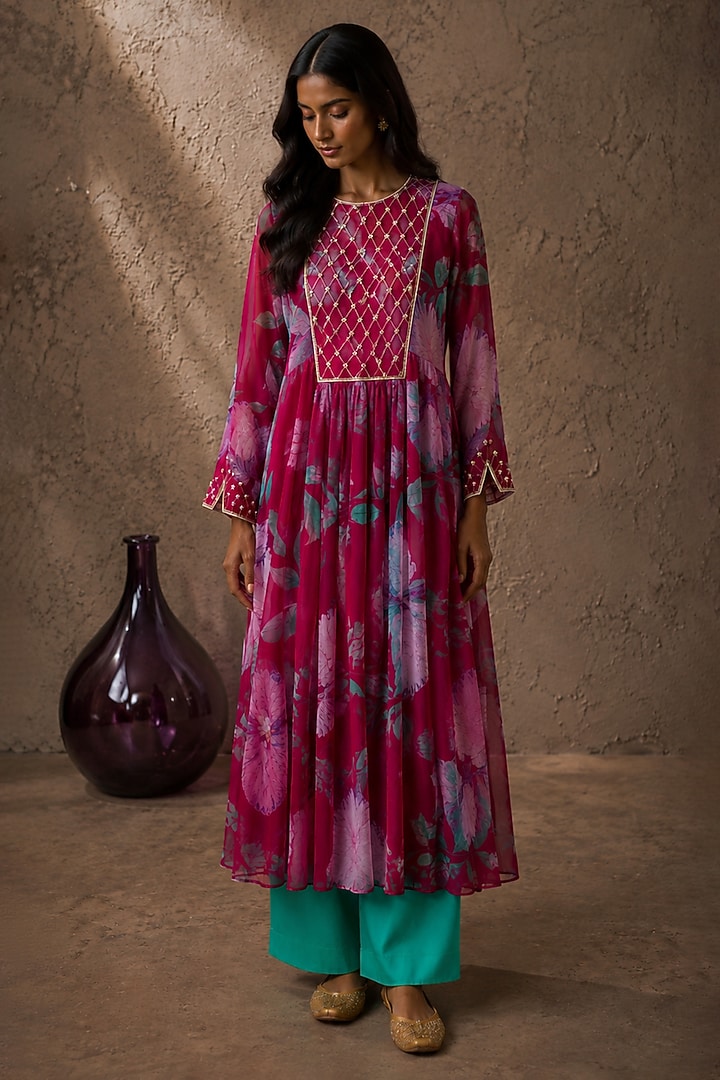 Pink Recycled Chiffon Floral Embroidered Kurta Set by AROOP SHOP INDIA at Pernia's Pop Up Shop