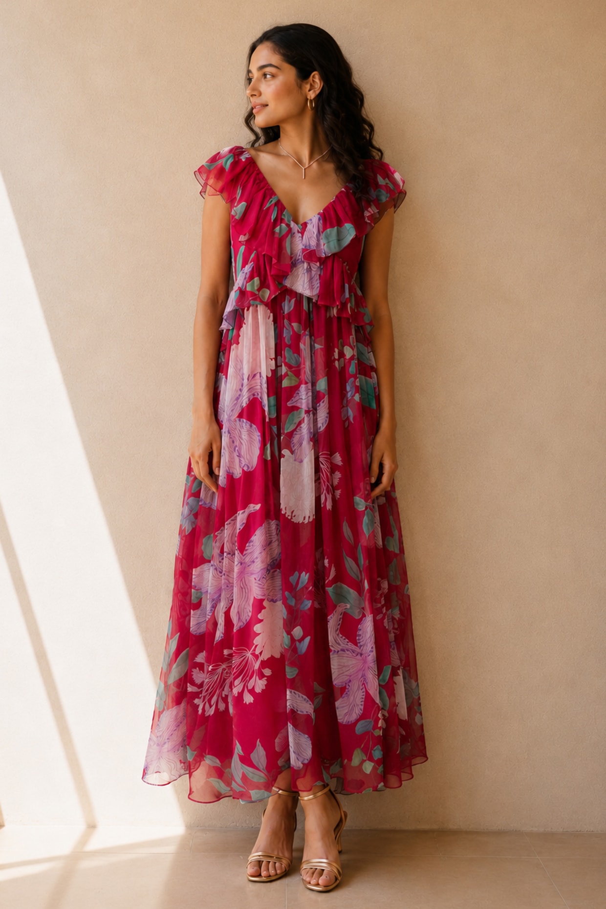 AROOP SHOP INDIA Pink Recycled Chiffon Floral Maxi Dress