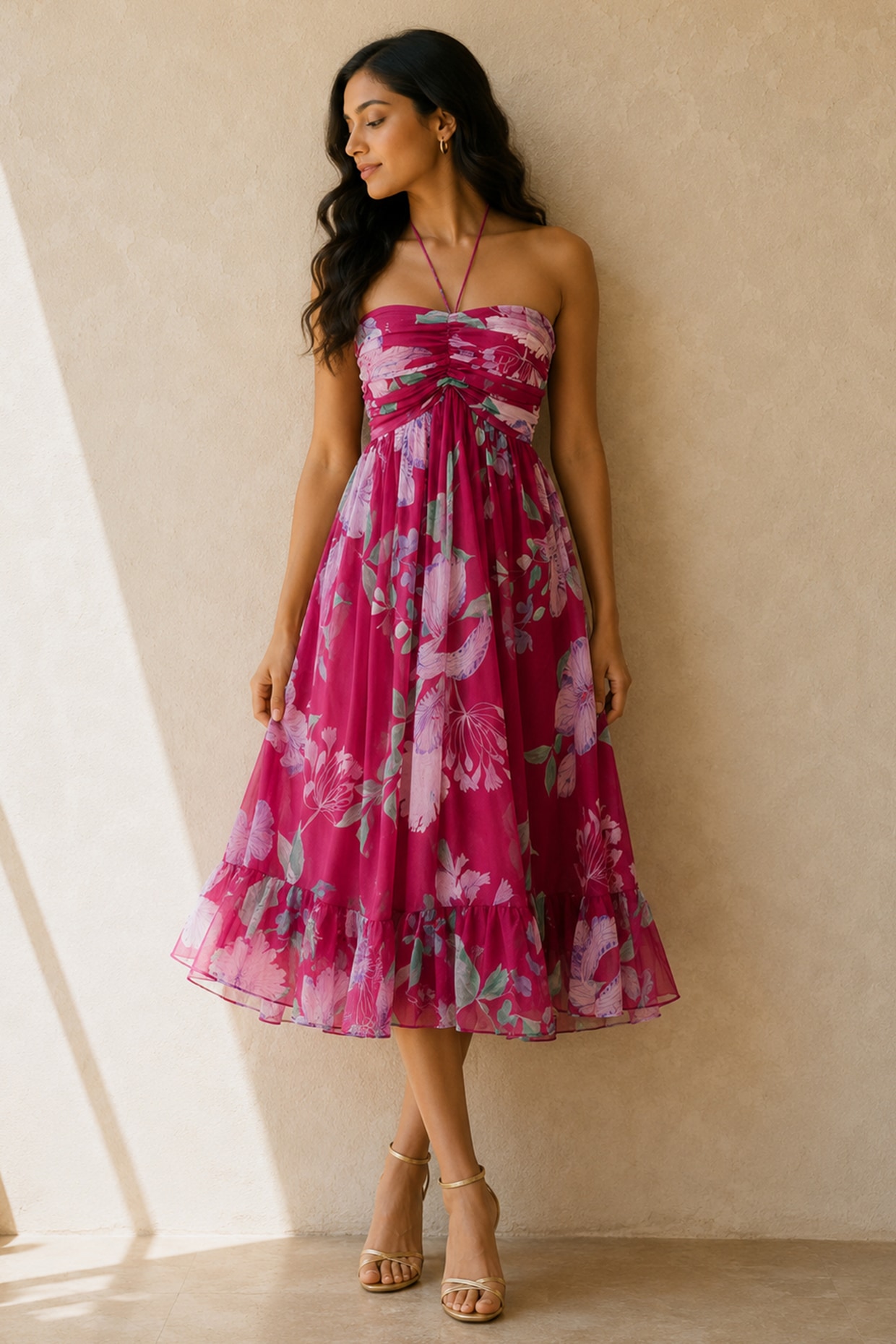 AROOP SHOP INDIA Pink Recycled Chiffon Floral Midi Dress