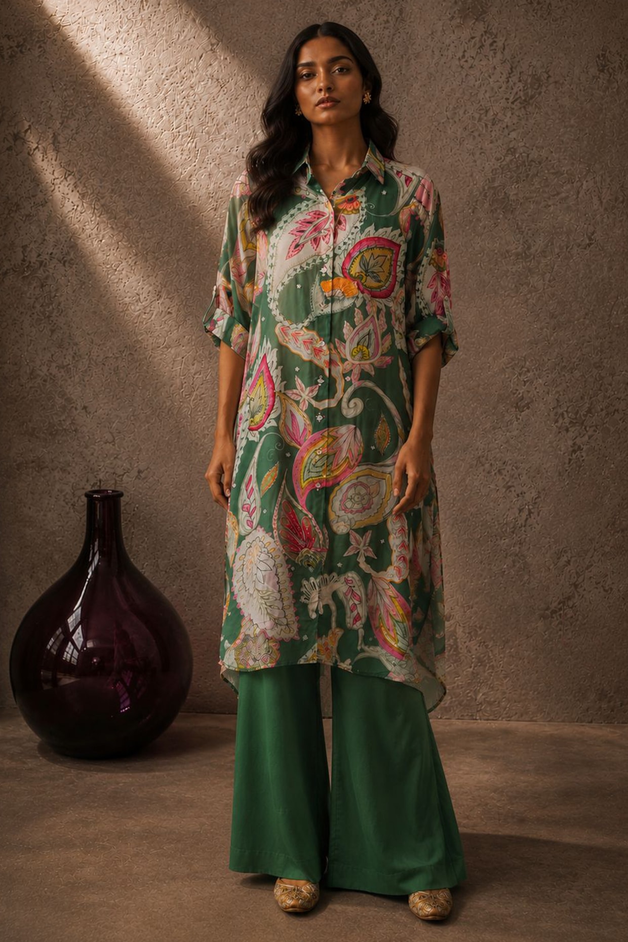 AROOP SHOP INDIA Green Natural Crepe Floral Printed Kurta Set