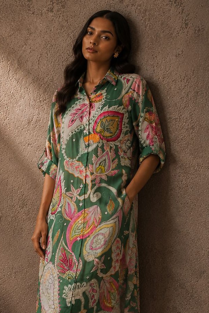 Green Natural Crepe Floral Printed Kurta Set by AROOP SHOP INDIA at Pernia's Pop Up Shop