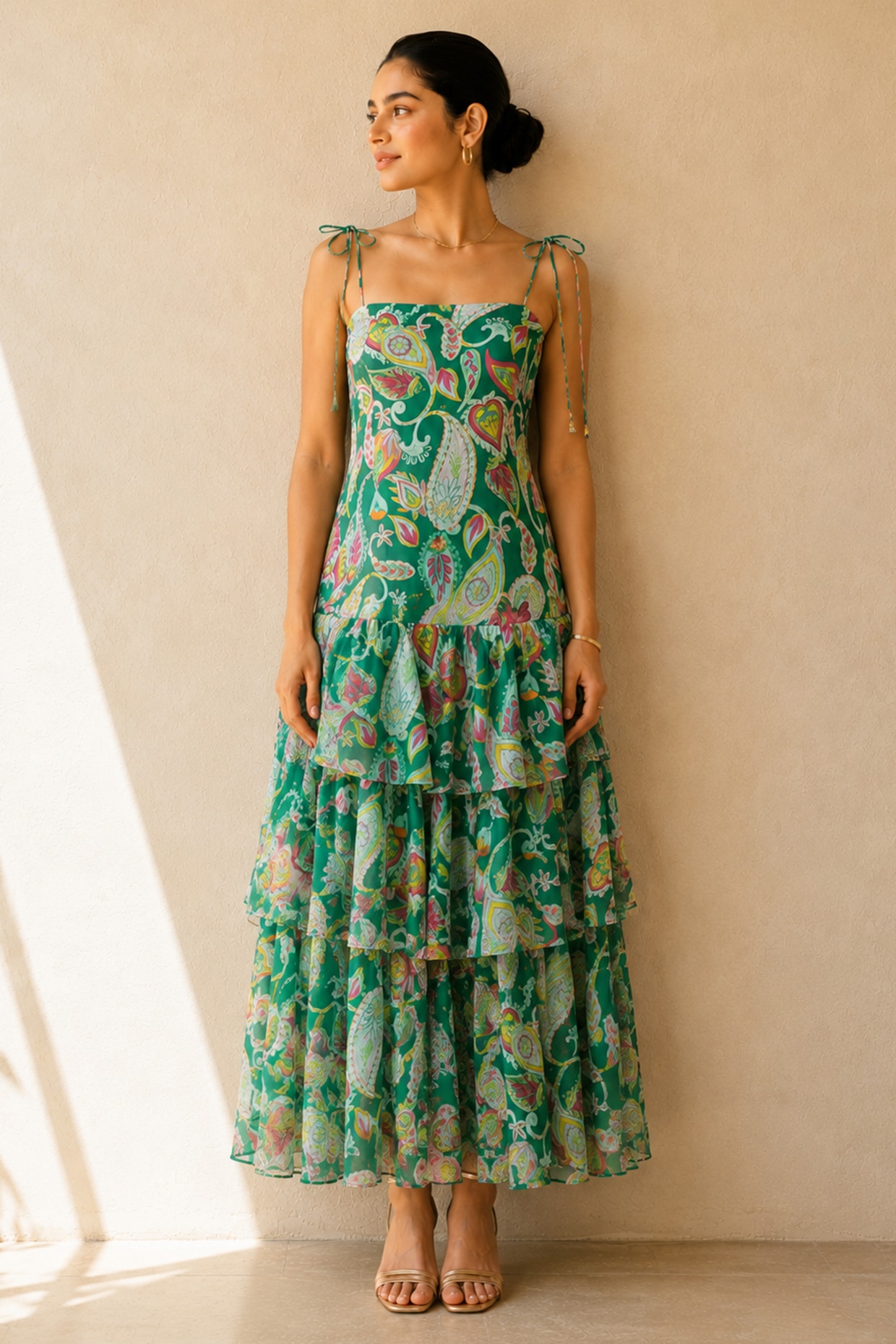 AROOP SHOP INDIA Green Recycled Chiffon Paisley Printed Maxi Dress