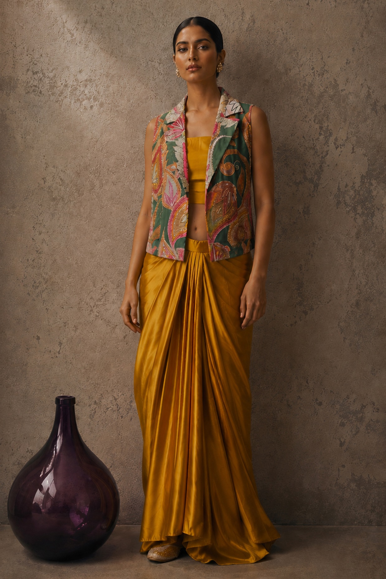AROOP SHOP INDIA Yellow & Green Natural Crepe & Satin Printed Jacket Set