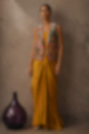 Yellow & Green Natural Crepe & Satin Printed Jacket Set by AROOP SHOP INDIA at Pernia's Pop Up Shop