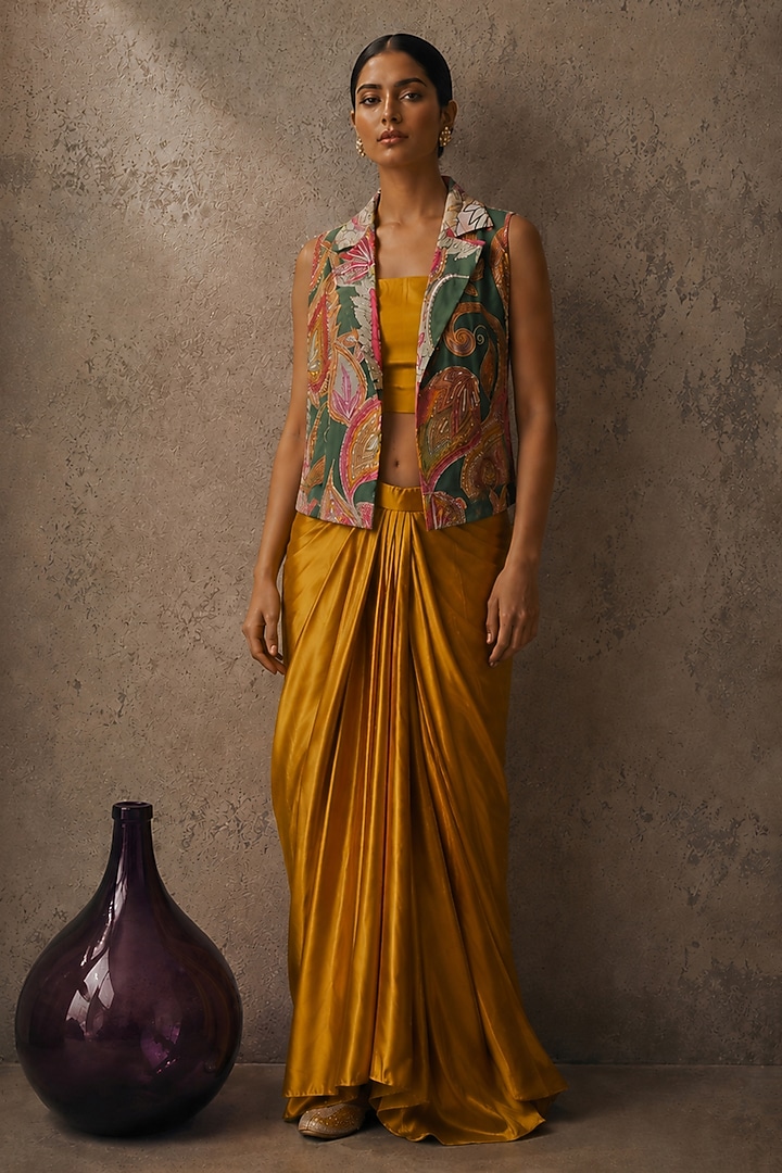 Yellow & Green Natural Crepe & Satin Printed Jacket Set by AROOP SHOP INDIA at Pernia's Pop Up Shop