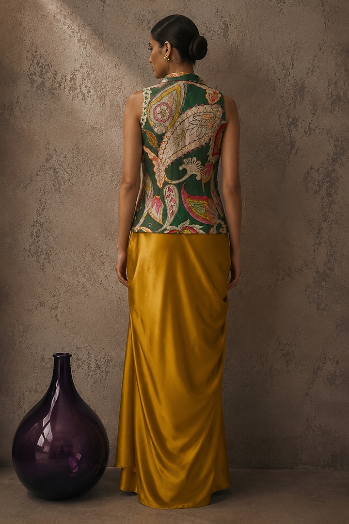 Yellow & Green Natural Crepe & Satin Printed Jacket Set by AROOP SHOP INDIA at Pernia's Pop Up Shop