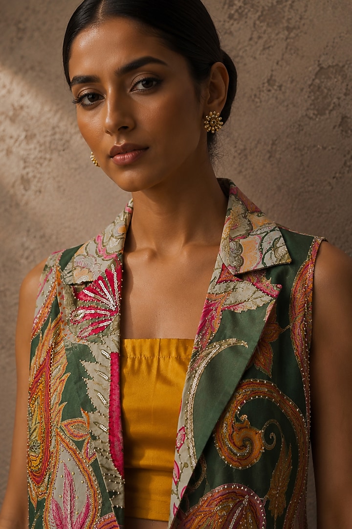 Yellow & Green Natural Crepe & Satin Printed Jacket Set by AROOP SHOP INDIA at Pernia's Pop Up Shop