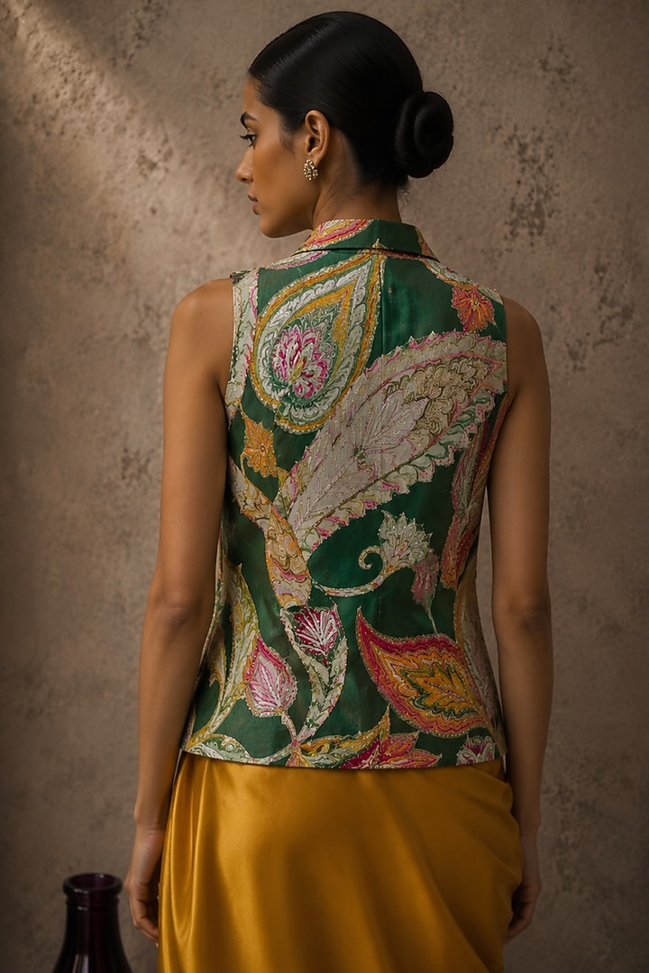 Yellow & Green Natural Crepe & Satin Printed Jacket Set by AROOP SHOP INDIA at Pernia's Pop Up Shop