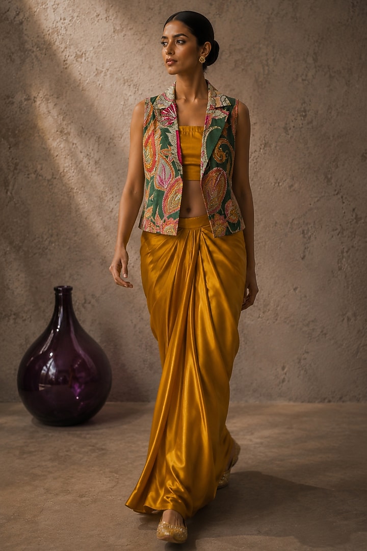 Yellow & Green Natural Crepe & Satin Printed Jacket Set by AROOP SHOP INDIA at Pernia's Pop Up Shop