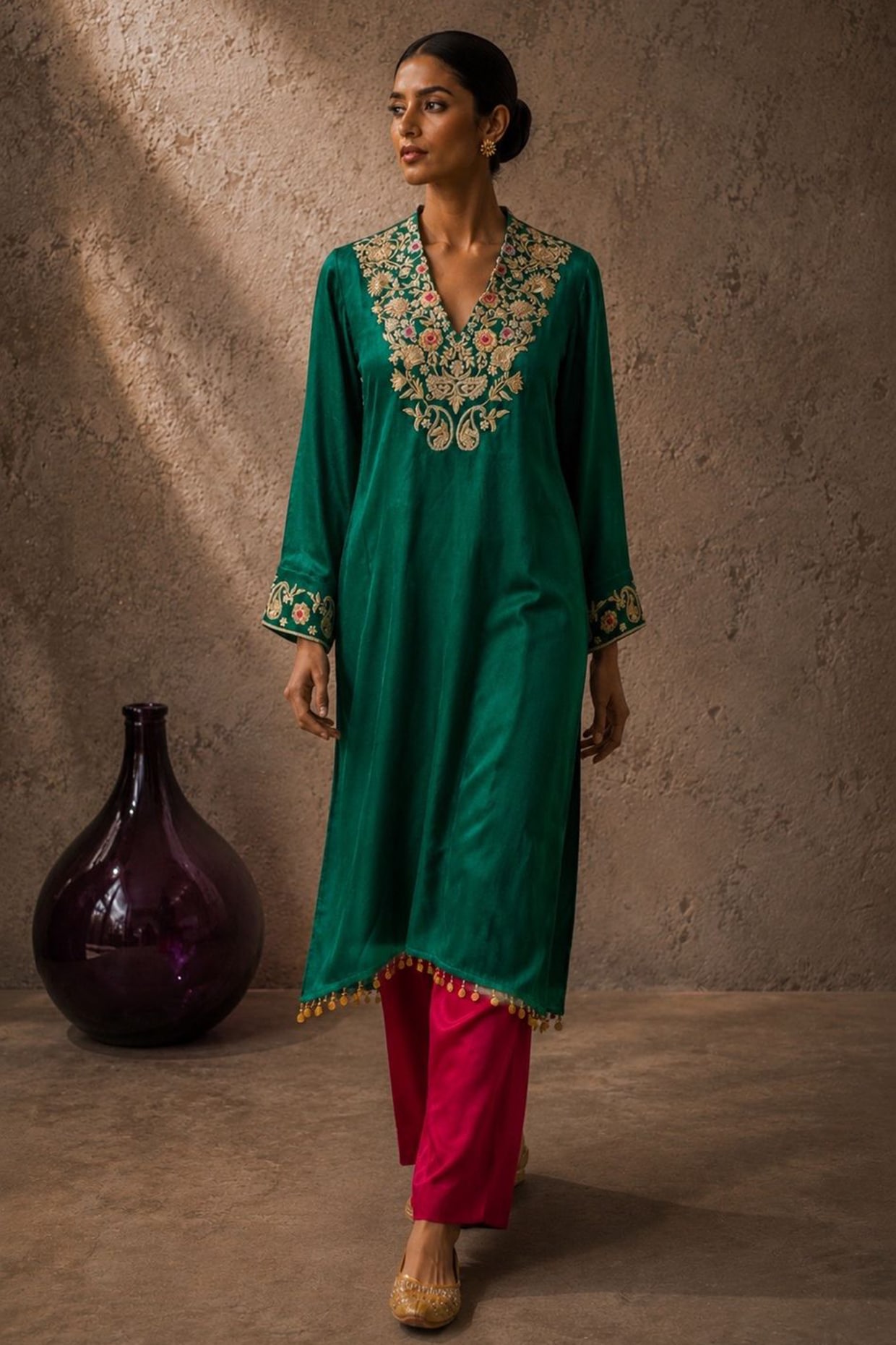 AROOP SHOP INDIA Green Gajji Silk Floral Embroidered Kurta Set