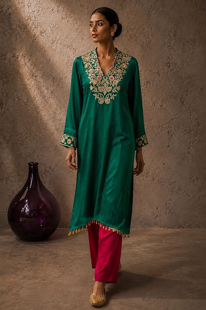 Green Gajji Silk Floral Embroidered Kurta Set by AROOP SHOP INDIA at Pernia's Pop Up Shop