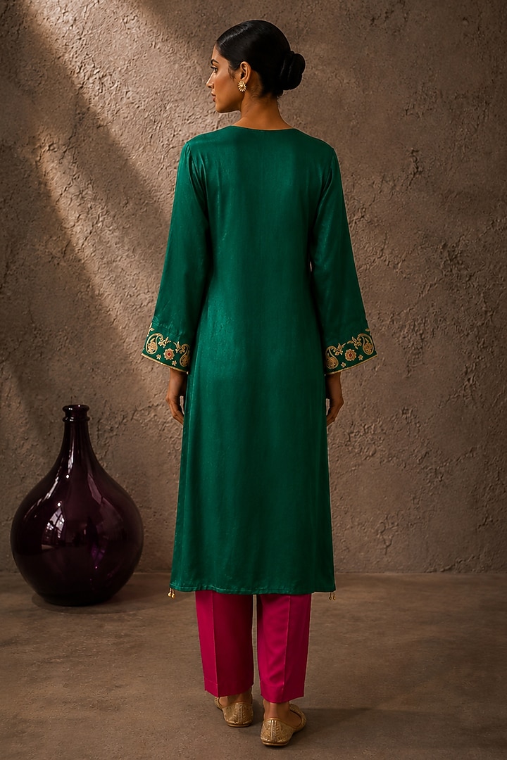 Green Gajji Silk Floral Embroidered Kurta Set by AROOP SHOP INDIA at Pernia's Pop Up Shop