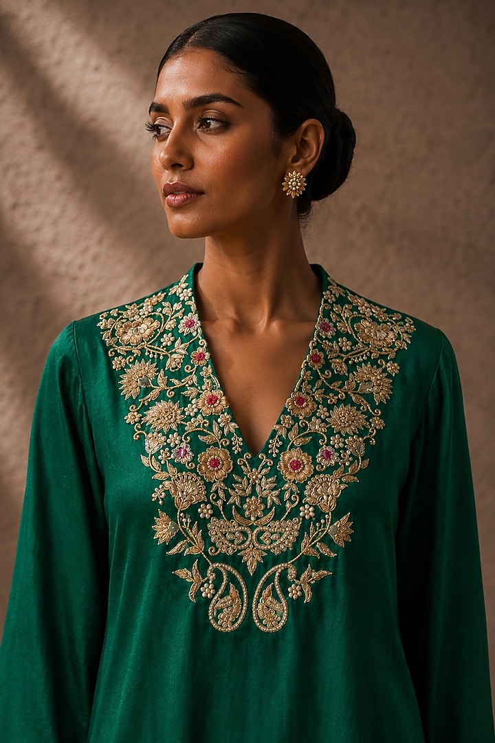 Green Gajji Silk Floral Embroidered Kurta Set by AROOP SHOP INDIA at Pernia's Pop Up Shop