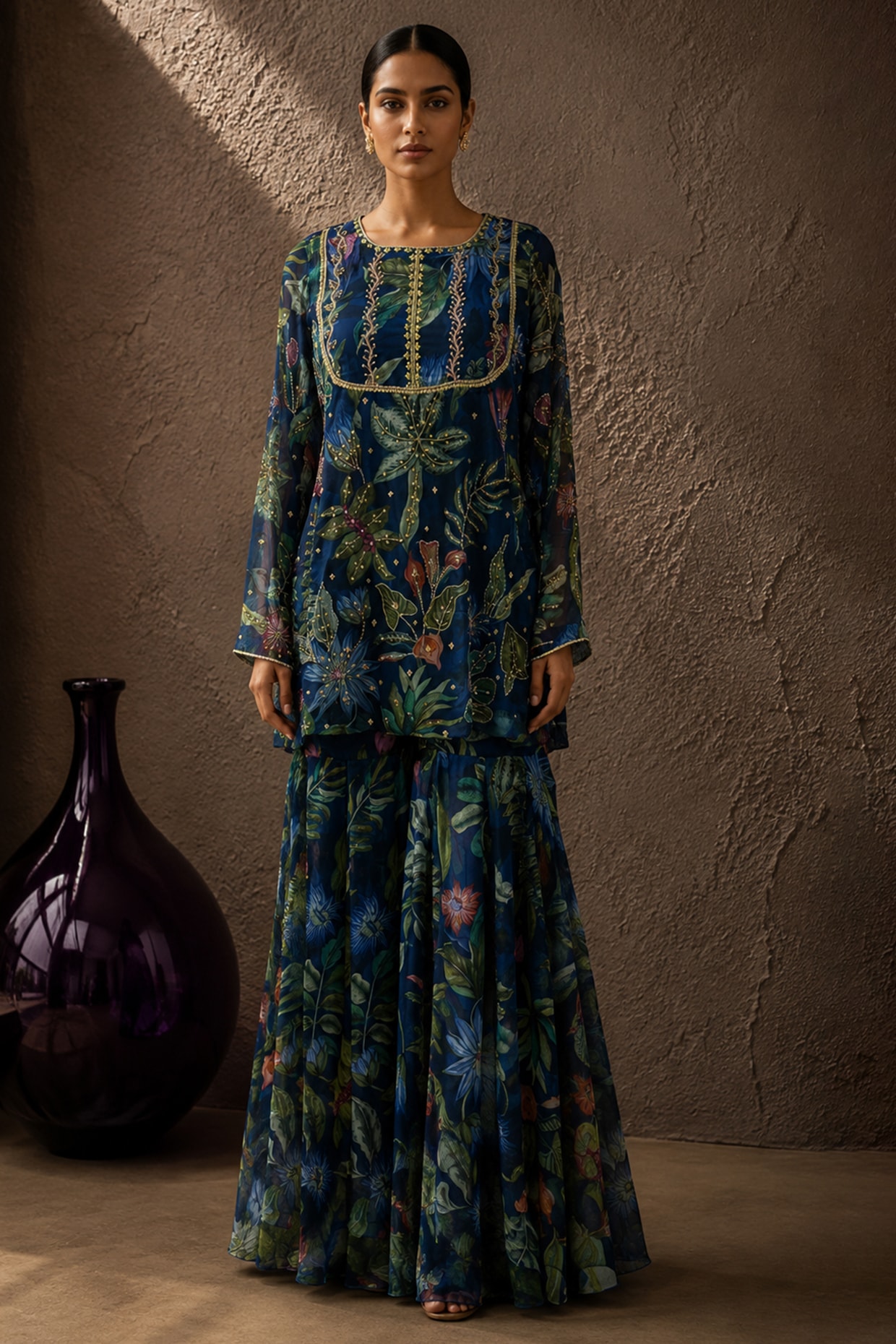AROOP SHOP INDIA Blue Recycled Chiffon Botanical Printed Kurta Set