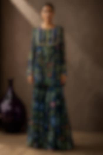 Blue Recycled Chiffon Botanical Printed Kurta Set by AROOP SHOP INDIA at Pernia's Pop Up Shop