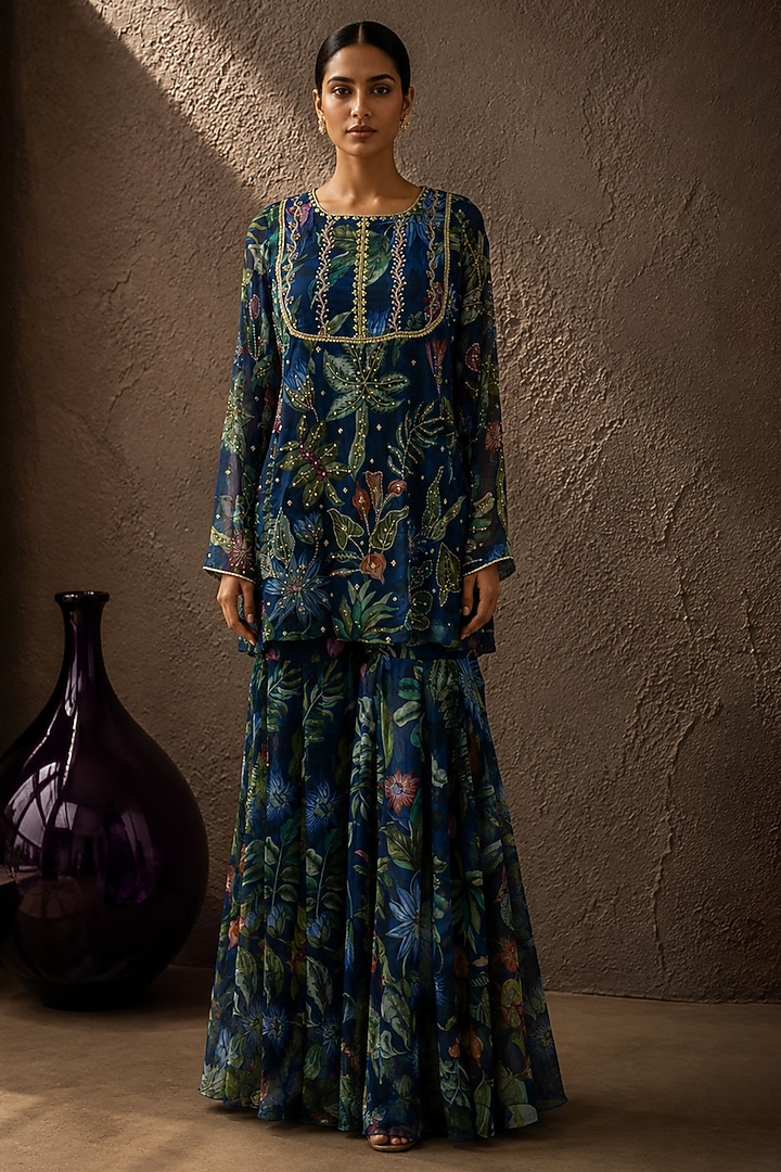 Blue Recycled Chiffon Botanical Printed Kurta Set by AROOP SHOP INDIA at Pernia's Pop Up Shop