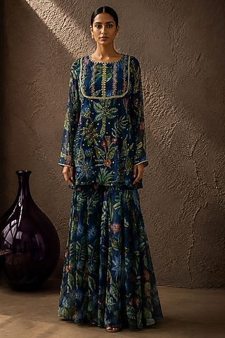 Blue Recycled Chiffon Botanical Printed Kurta Set by AROOP SHOP INDIA