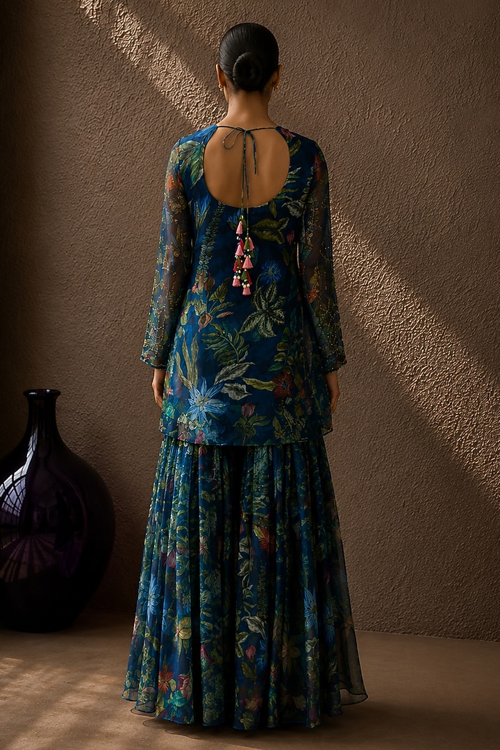 Blue Recycled Chiffon Botanical Printed Kurta Set by AROOP SHOP INDIA at Pernia's Pop Up Shop