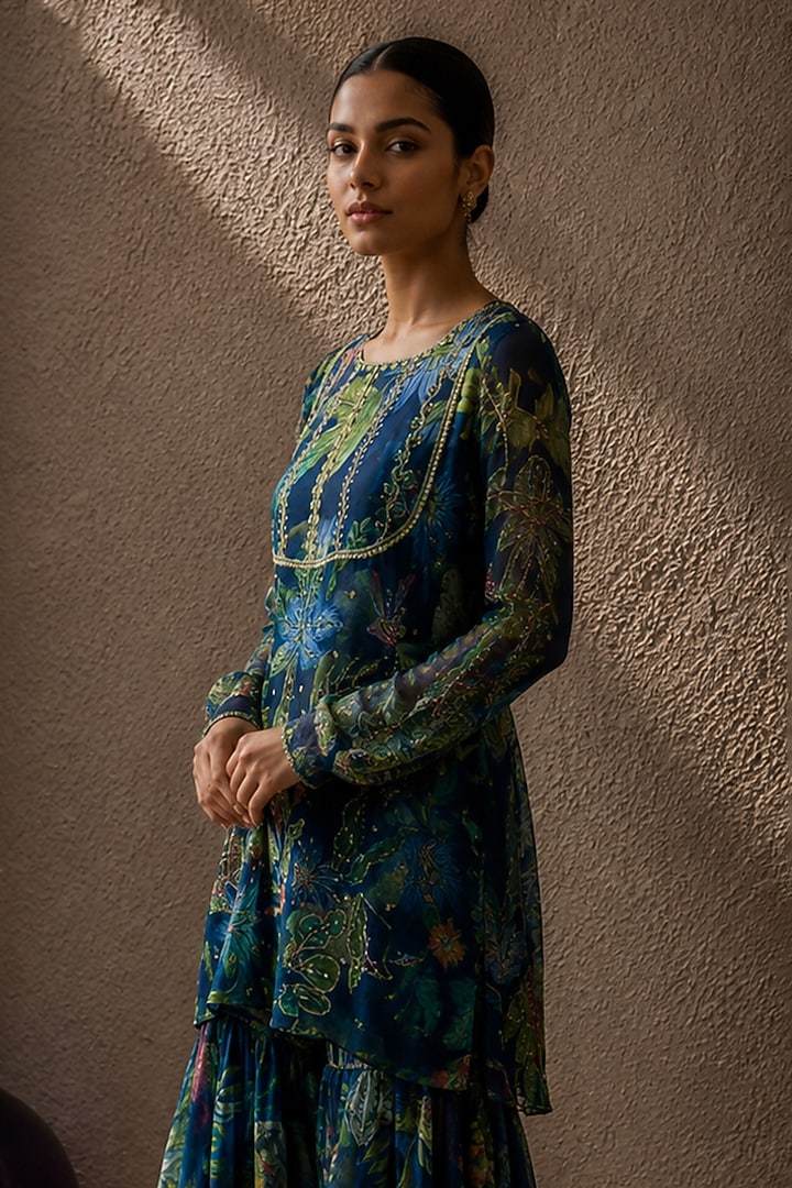 Blue Recycled Chiffon Botanical Printed Kurta Set by AROOP SHOP INDIA at Pernia's Pop Up Shop