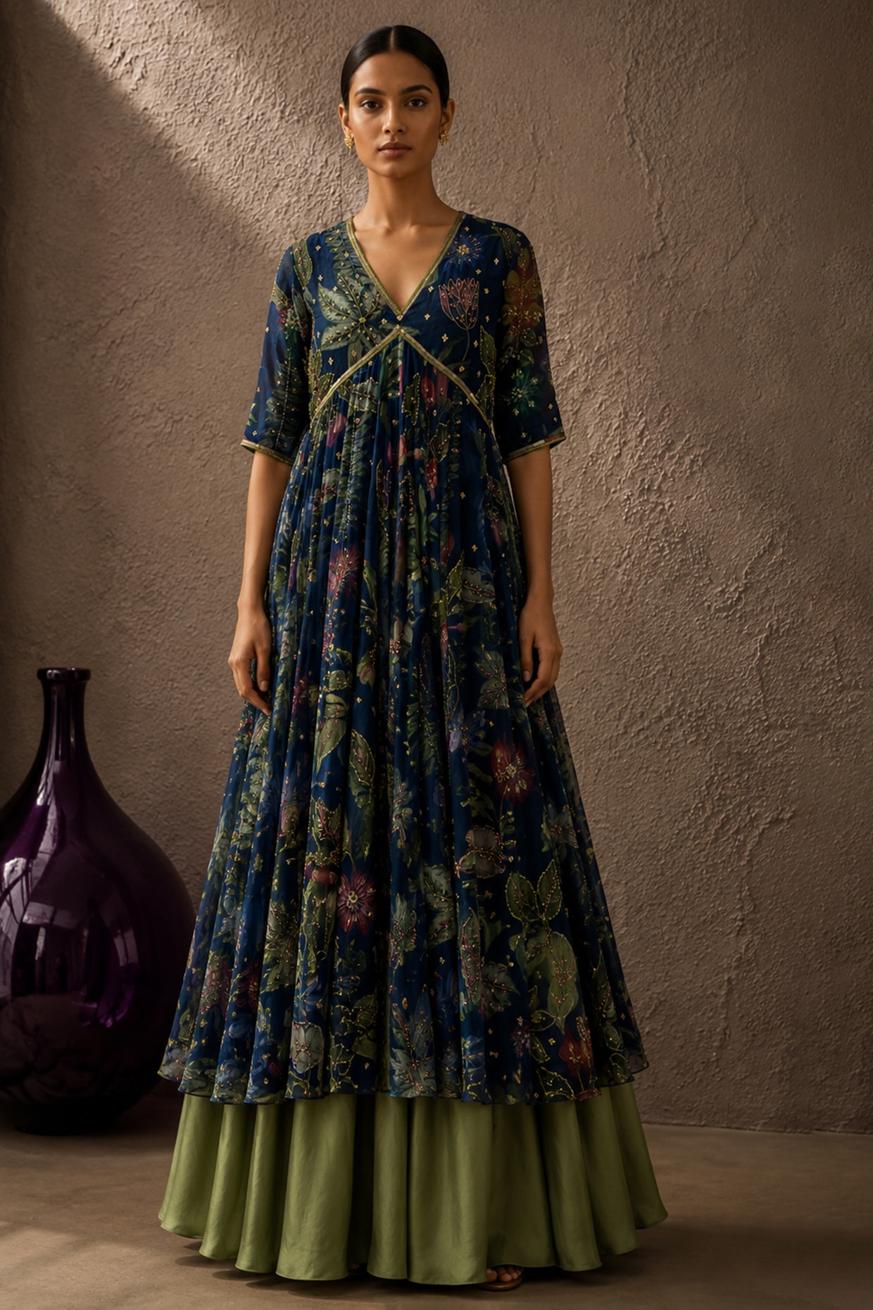 AROOP SHOP INDIA Blue Recycled Chiffon Botanical Printed Anarkali Set