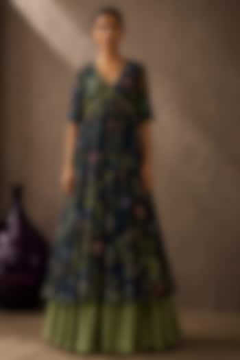 Blue Recycled Chiffon Botanical Printed Anarkali Set by AROOP SHOP INDIA at Pernia's Pop Up Shop