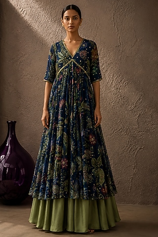 Blue Recycled Chiffon Botanical Printed Anarkali Set by AROOP SHOP INDIA