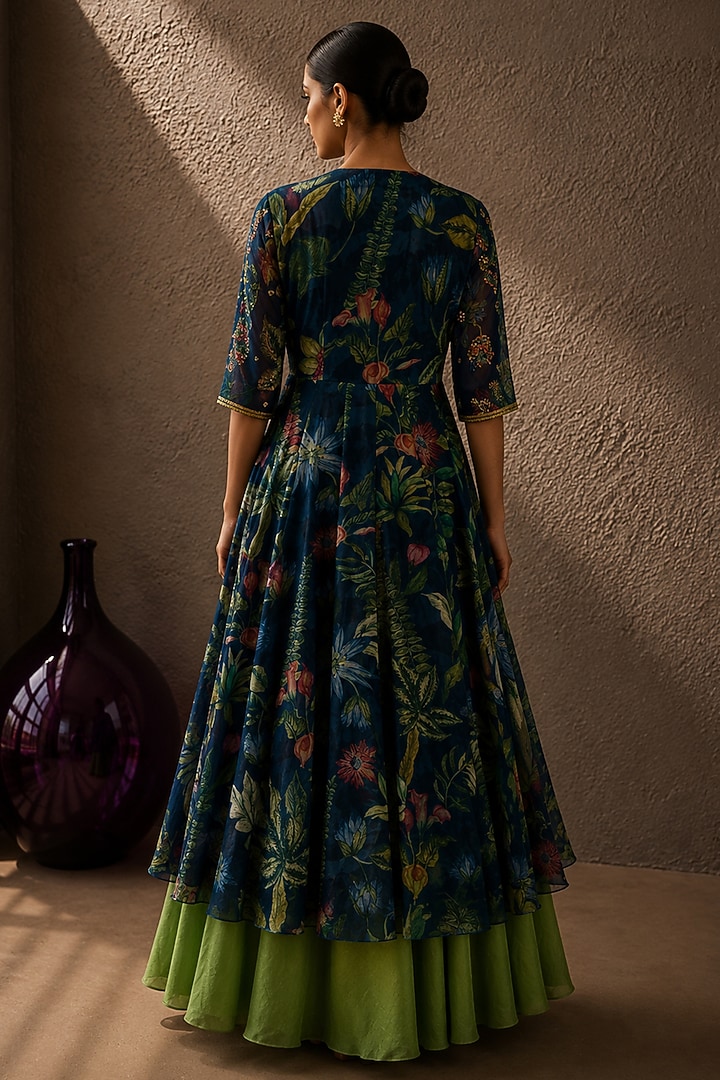 Blue Recycled Chiffon Botanical Printed Anarkali Set by AROOP SHOP INDIA at Pernia's Pop Up Shop